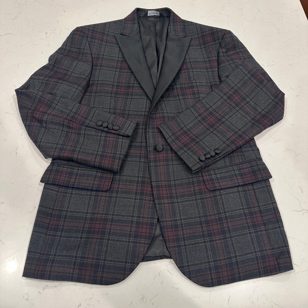 Jos A Bank Tailored Fit Tuxedo Jacket Blazer Mens 42R Grey Red Plaid Peak Coat